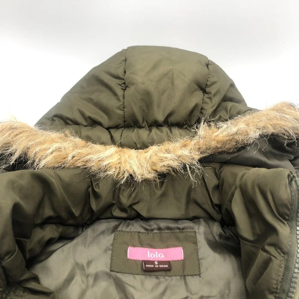 Lola Womens Puffer Vest Hoodie‎ Zipper Front Moss Green Size Small Polyester